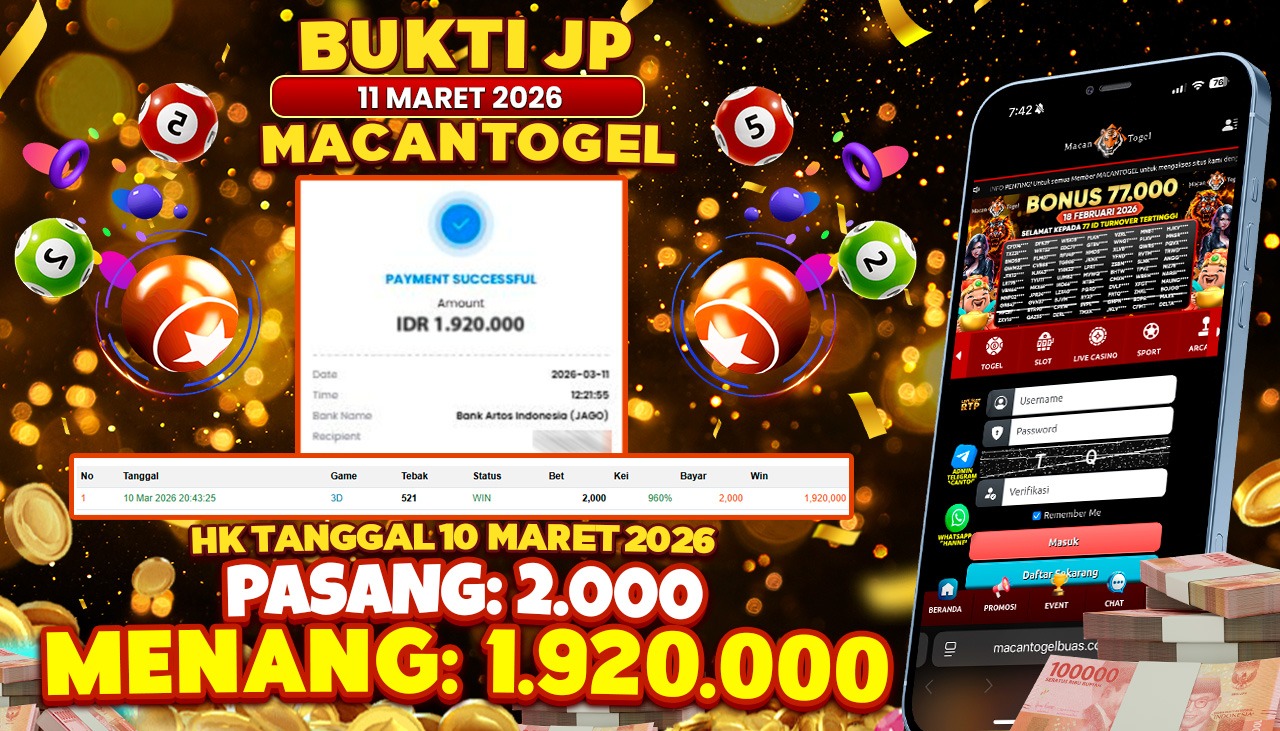 MACANTOGEL JACKPOT PERMAINAN TOGEL 4D HK Rp.1.920.000,- LUNAS
