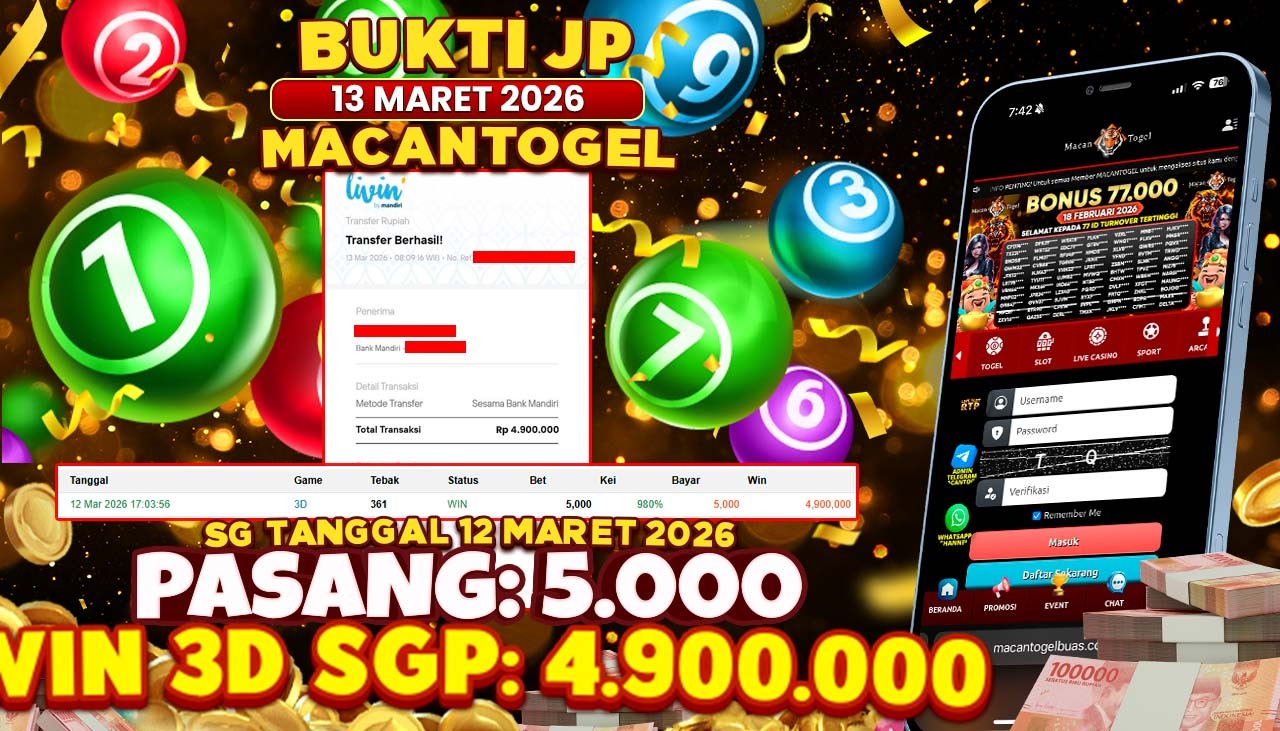 MACANTOGEL JACKPOT PERMAINAN TOGEL 4D SGP Rp.4.900.000,- LUNAS