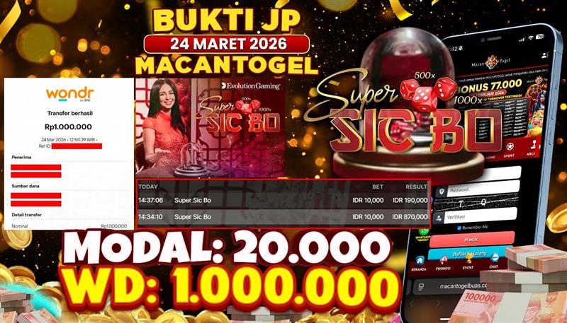 MACANTOGEL JACKPOT PERMAINAN CASINO EVOLUTION SUPER SIC BO Rp.1.000.000,- LUNAS