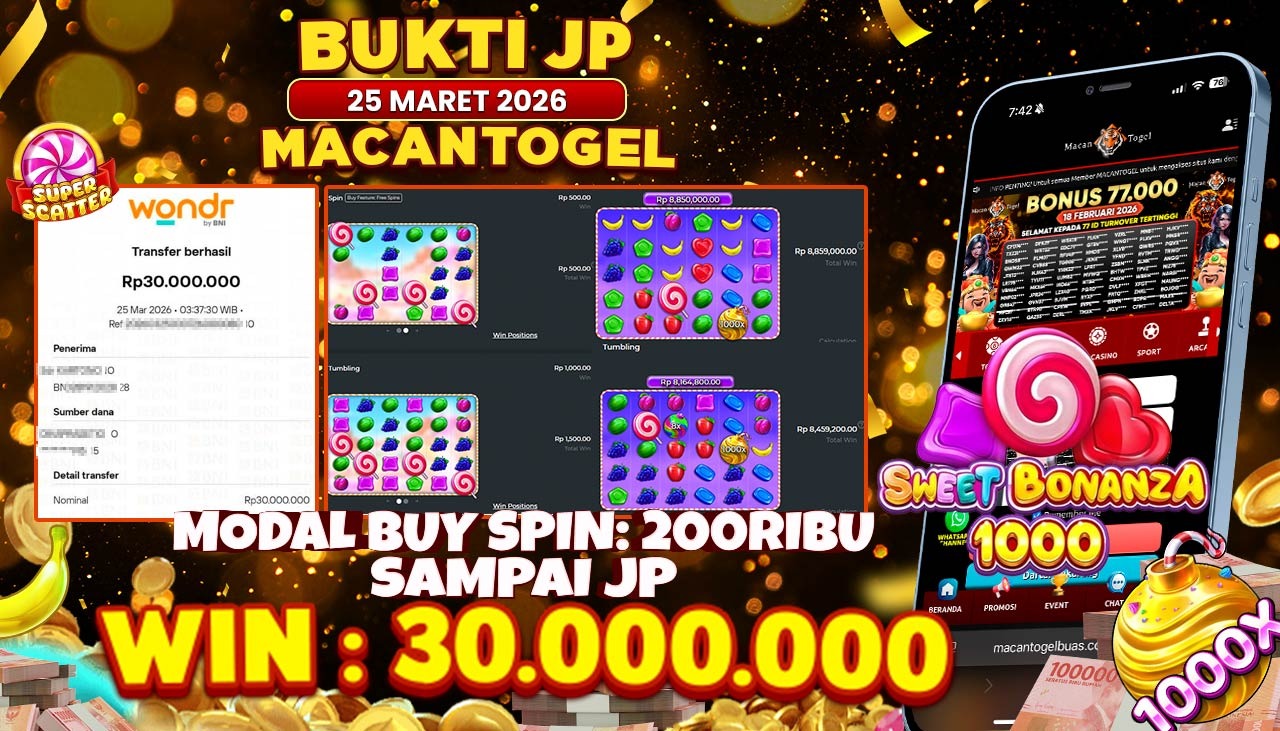 MACANTOGEL JACKPOT PERMAINAN SLOT PRAGMATIC PLAY SWEET BONANZA 1000 Rp.30.000.000,- LUNAS