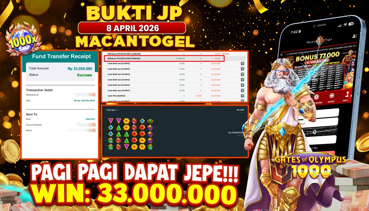 MACANTOGEL JACKPOT PERMAINAN SLOT PRAGMATIC PLAY GATES OF OLYMPUS 1000 Rp.33.000.000,- LUNAS