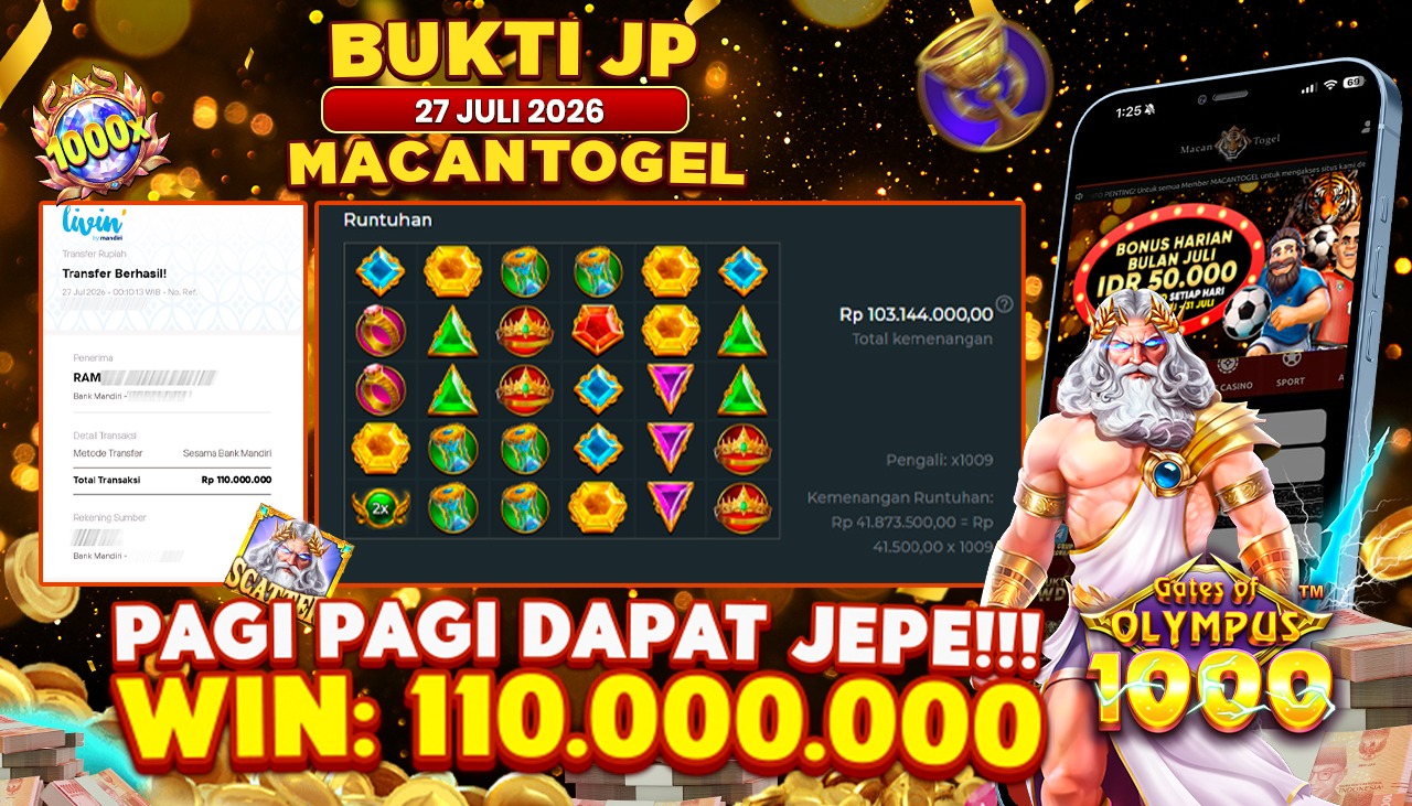 MACANTOGEL JACKPOT PERMAINAN SLOT PRAGMATIC PLAY GATES OF OLYMPUS Rp.110.000.000,- LUNAS